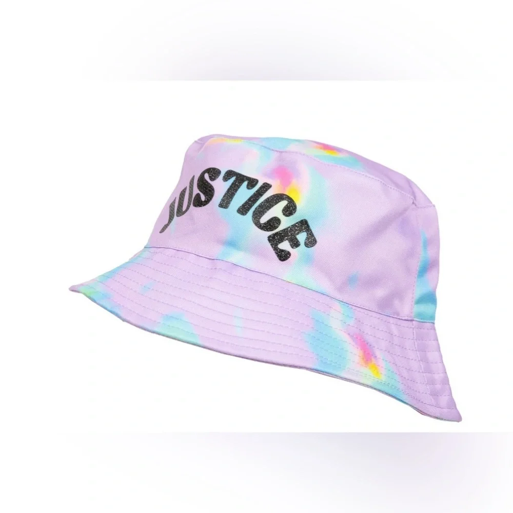 Justice Rainbow Tie Dye Bucket Hat Girls‎ One Size Glitter Logo Pastel NWT